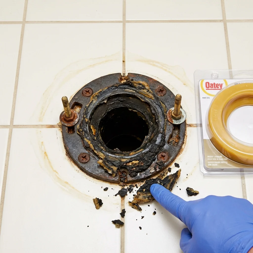Failed wax ring showing water seepage at the base of a toilet in a Washington, NJ home
