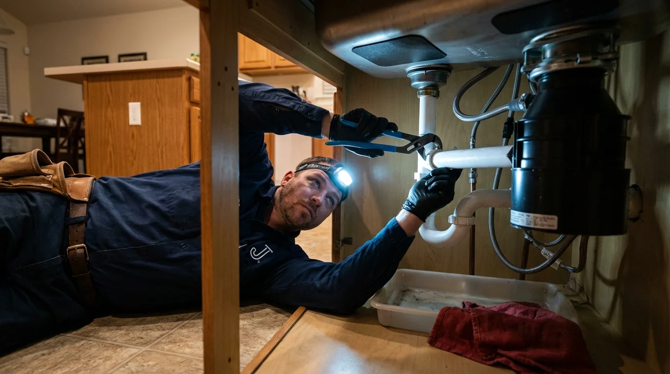 P-trap and supply line connections under a kitchen sink showing a common leak point in Washington, NJ